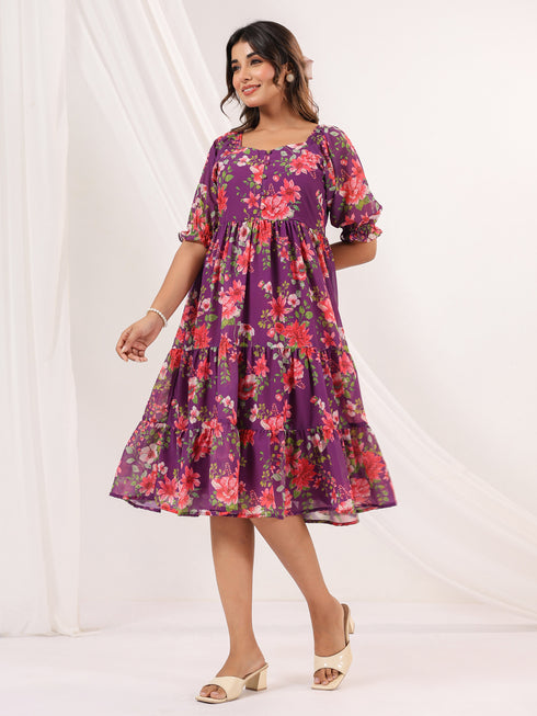 Janasya Women's Purple Georgette Floral Printed Tiered Dress